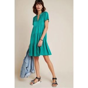 Anthropologie Maeve Green Cheetah Leopard Jacquard Tiered Dress Womens Size S